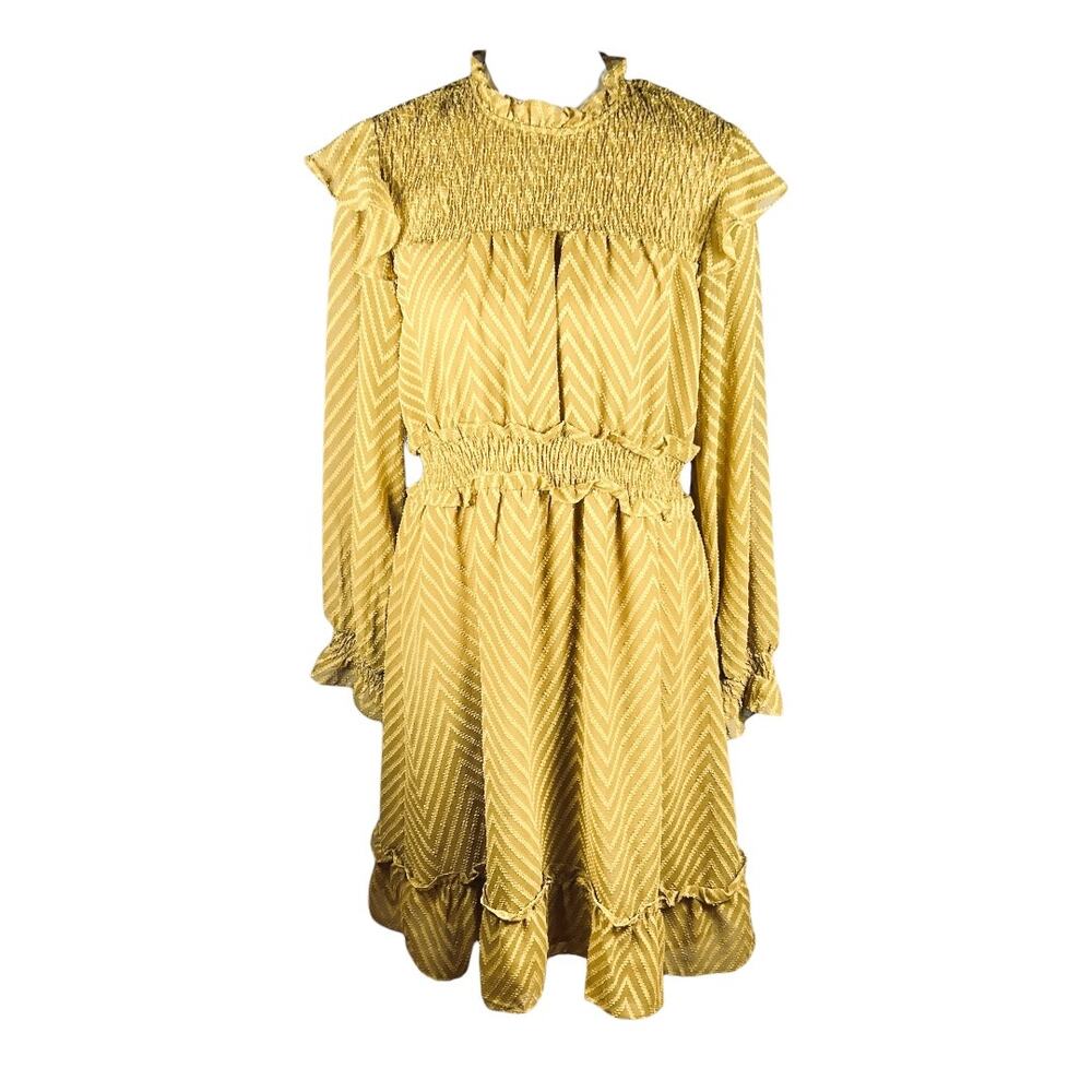 Walter Baker Mercy Ruffle Dress Gold Mustard Chevron Smocked Mock Neck Size M
